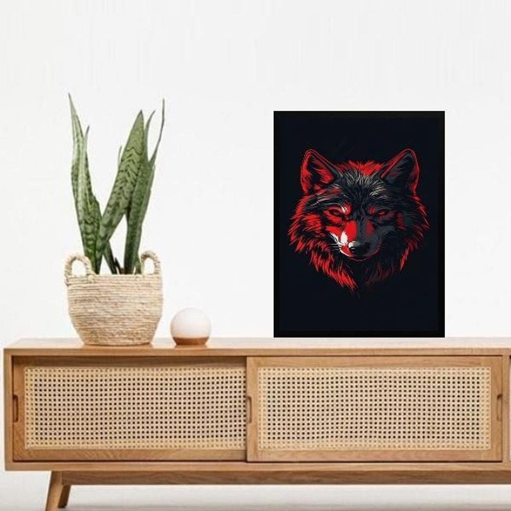 Quadro Decorativo Lobo Preto E Vermelho 45X34Cm - Com Vidro
