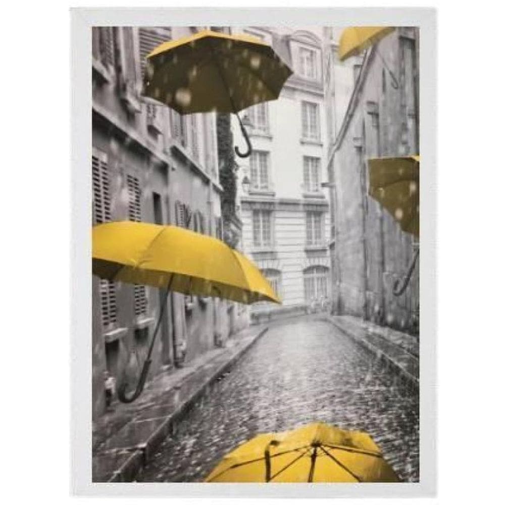 Quadro Decorativo Sombrinhas Amarelas 45X34 C/Vidro - Branca