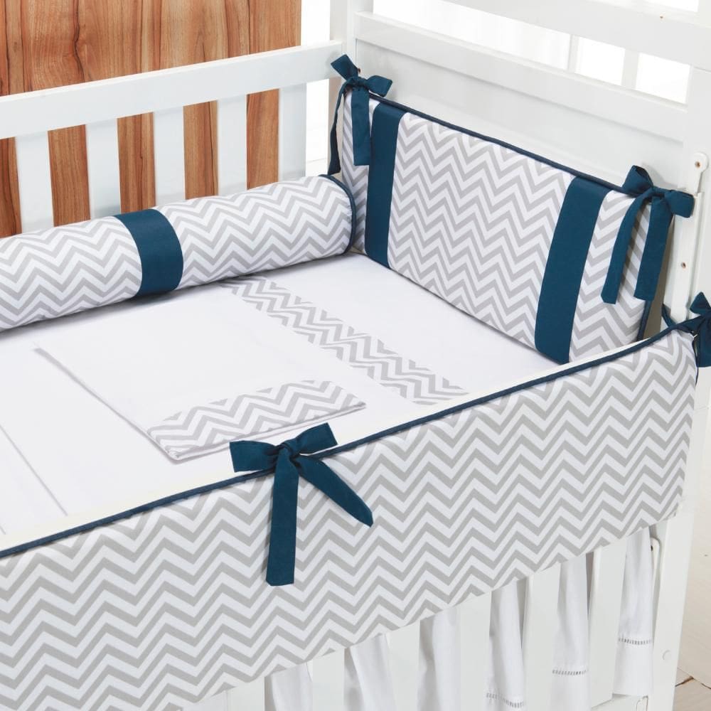 Kit Berço Contemporâneo Chevron E Azul Marinho - 06 Peças