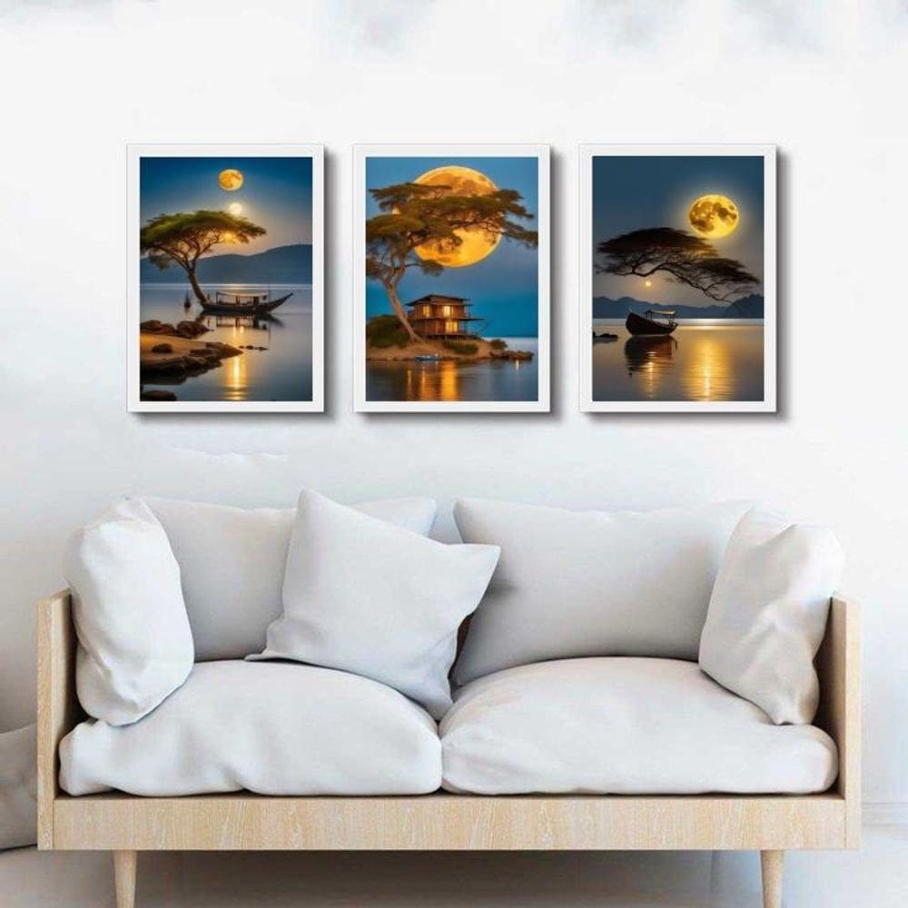 Kit 3 Quadros Artes Paisagens Rio Lua Cheia 33X24Cm