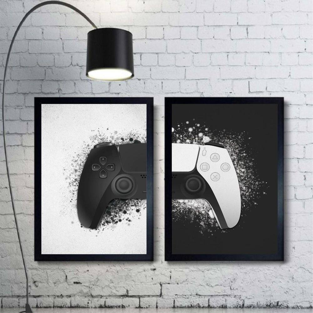 Kit 2 Quadros Controle De Vídeo-Game Preto E Branco 33X24Cm