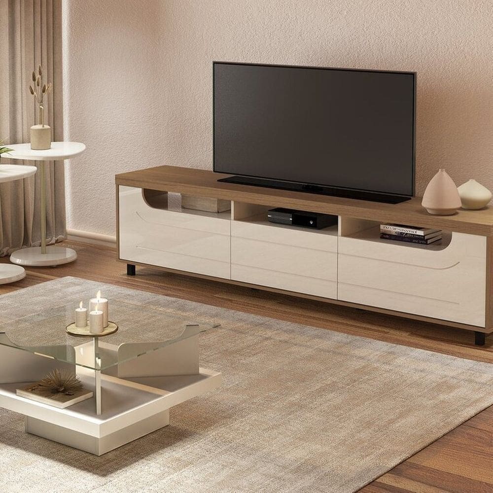 Conjunto Sala de Estar Mesa de Apoio Bel e Bel Alta Mesa de Centro Clear e Rack Mercury Cinamomo/Off White