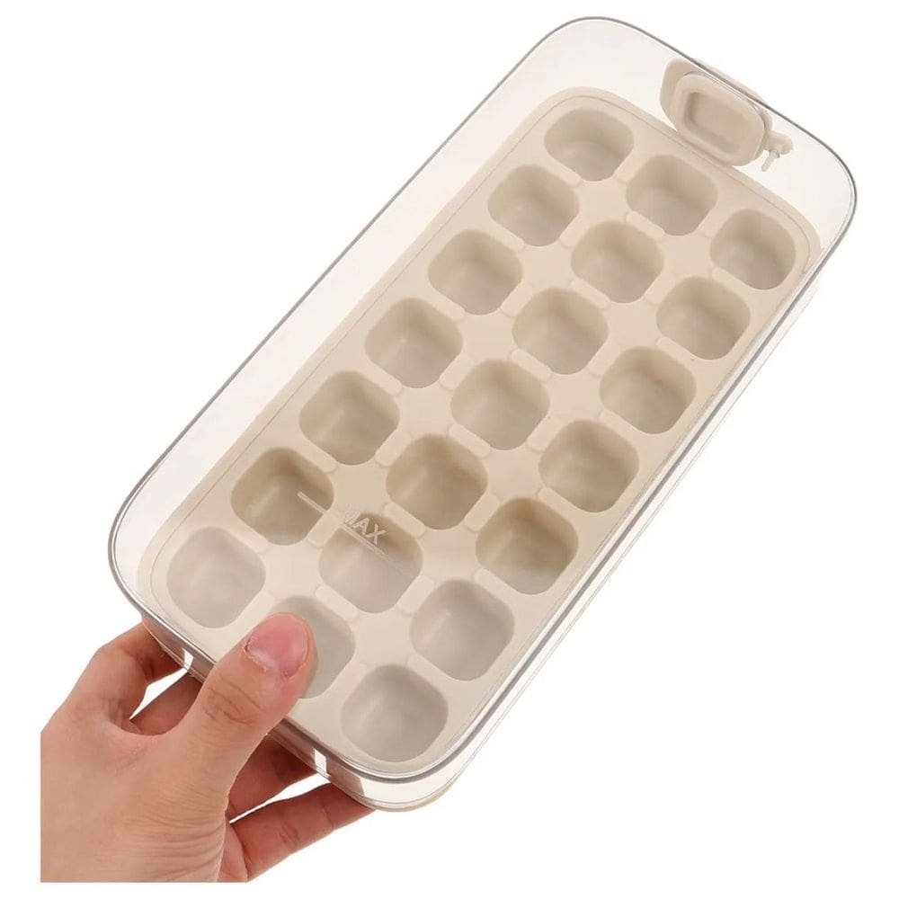 Forma de Gelo com Tampa Bege em Silicone 21 Cavidades Organizador de Freezer