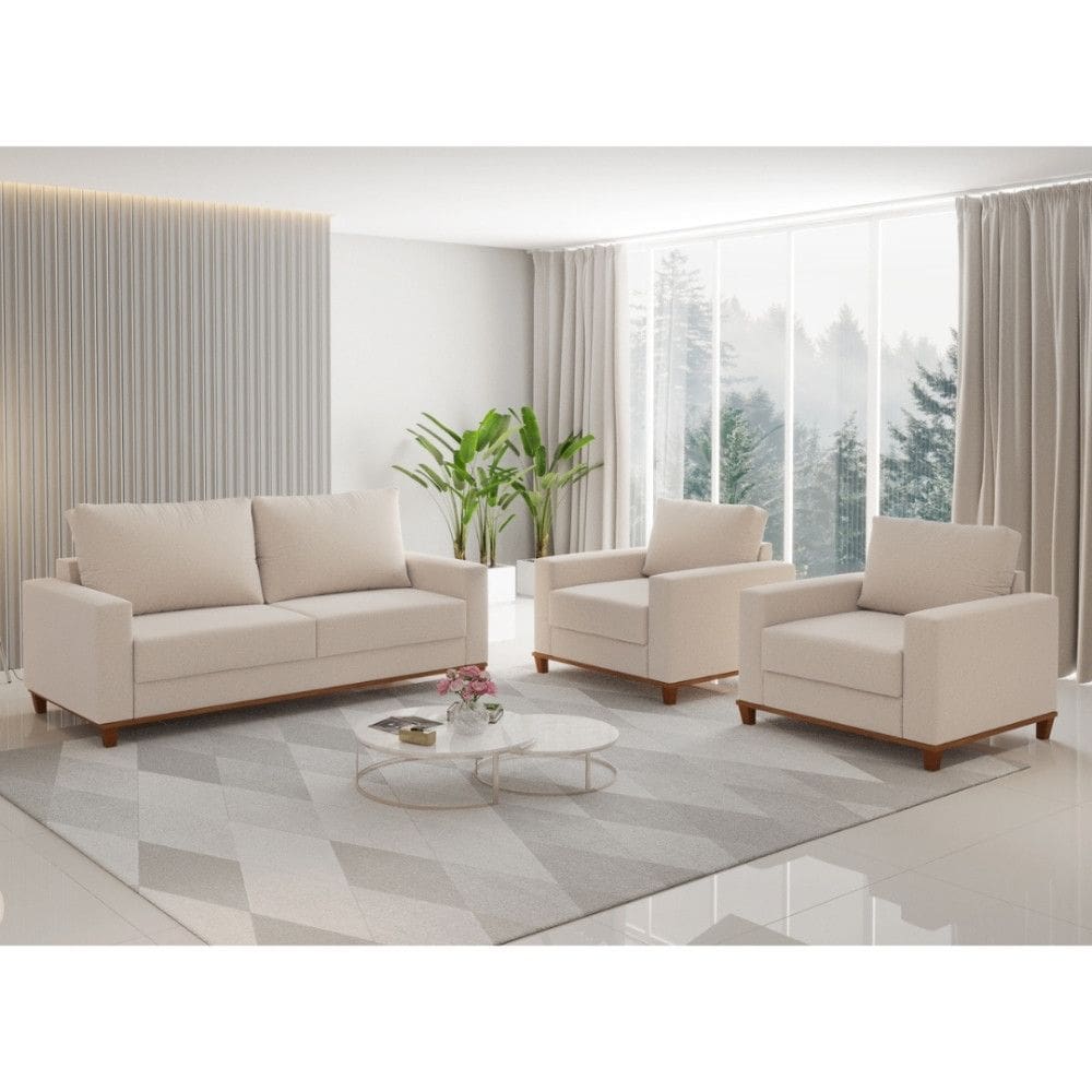 Conjunto Sofa Living Linho 180cm Vicente com 2 Poltrona Viana Viero