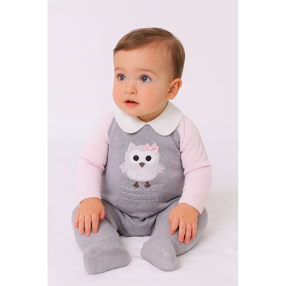 Macacão Bebê Coruja Cinza e Rosa