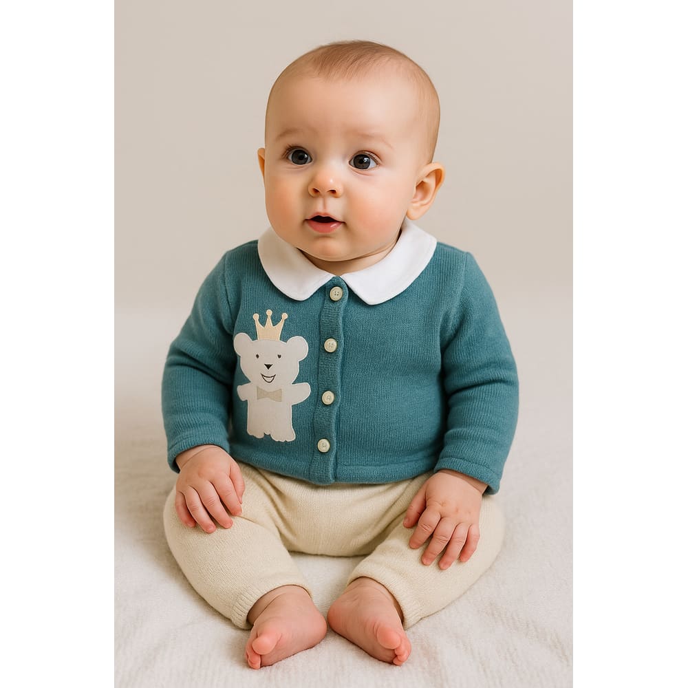 Conjunto Casaco Salopete Bebê Verde Urso Príncipe tricô artesanal