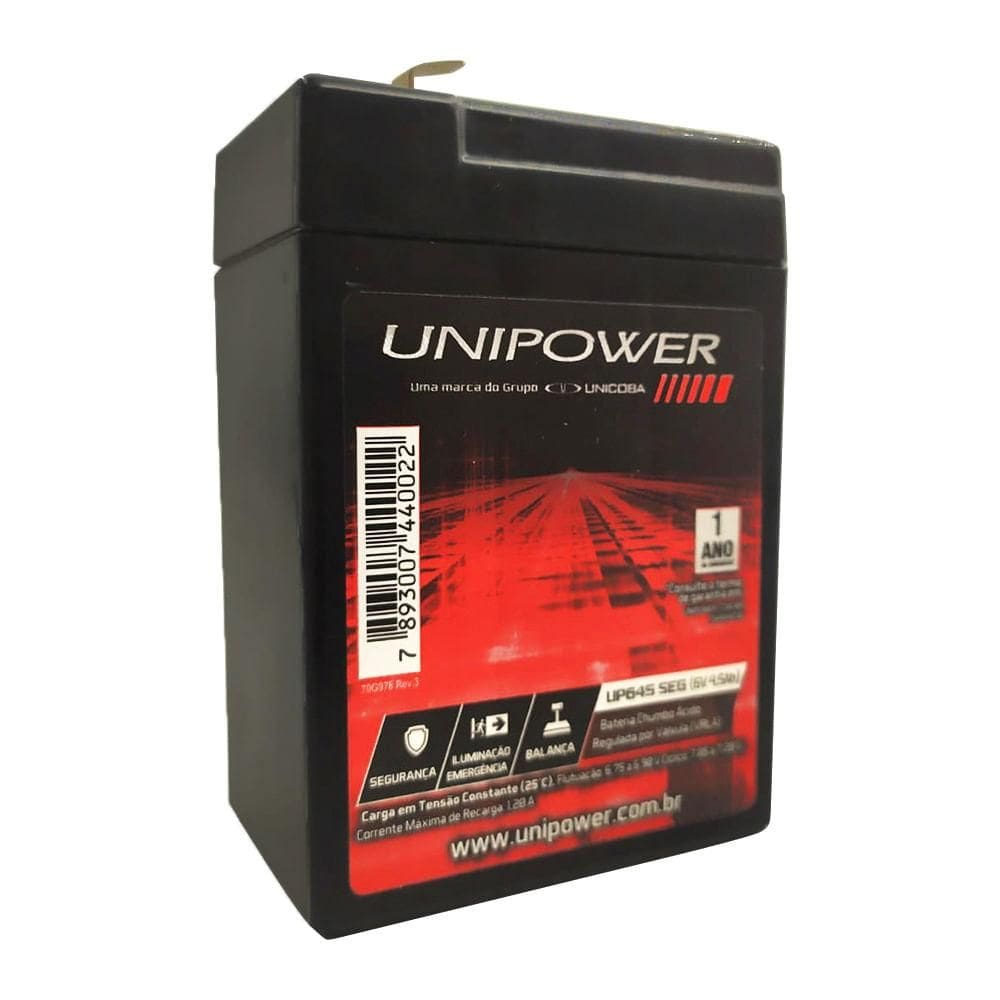 Bateria Selada VRLA 6V 4,5 AH F187 UP645SEG Unipower