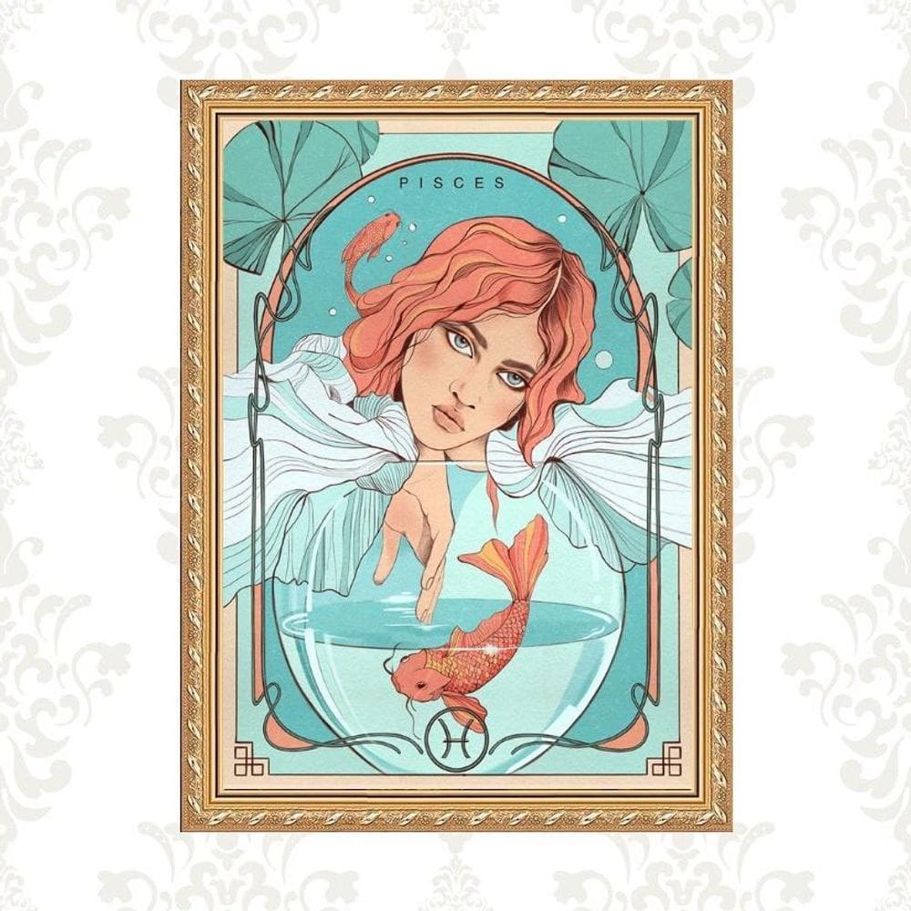 Quadro Moldura Dourada Signo Peixes 33X24Cm