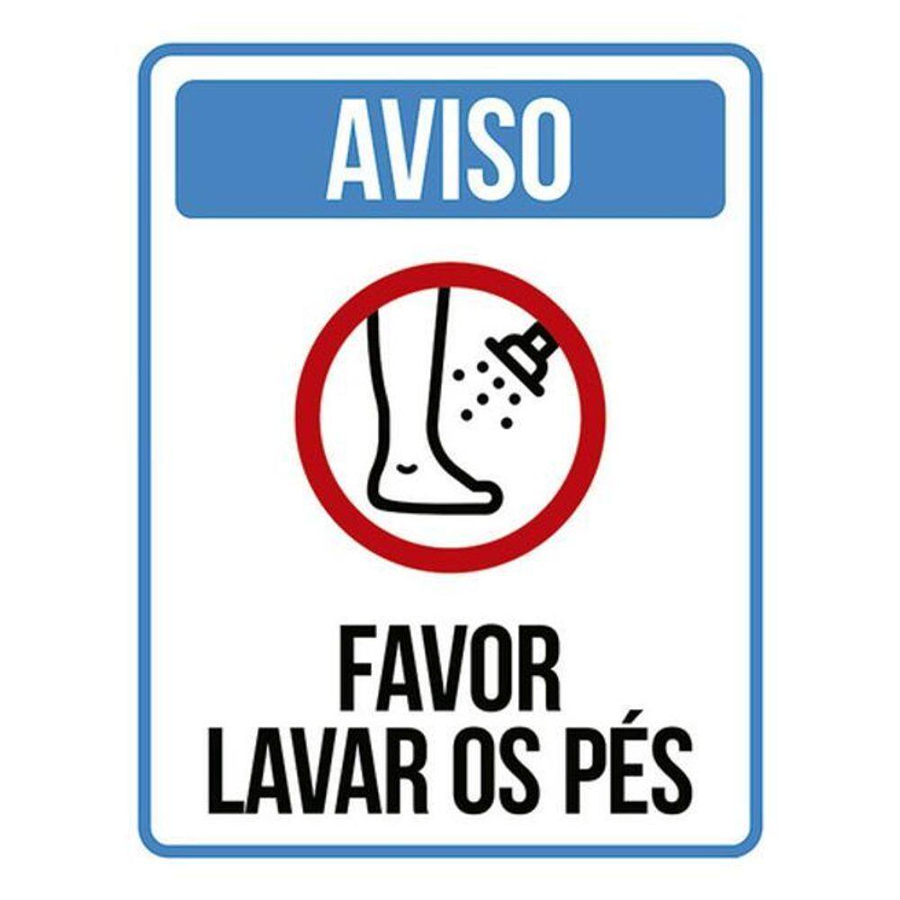 Placa Sinalização Aviso Favor Lavar Os Pés Azul Ícone 36X46