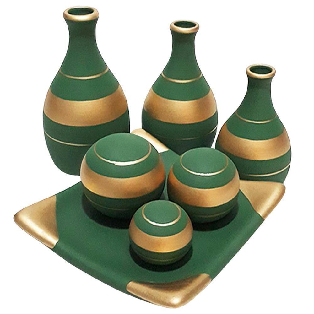 Jogo De Vasos Trio Garrafas E Centro De Mesa - Green Gold