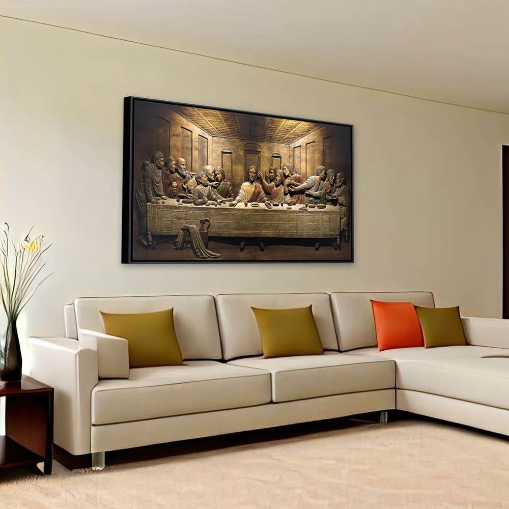 Quadro C/ Moldura Ceia Com Jesus Tecido Canvas 63x93cm