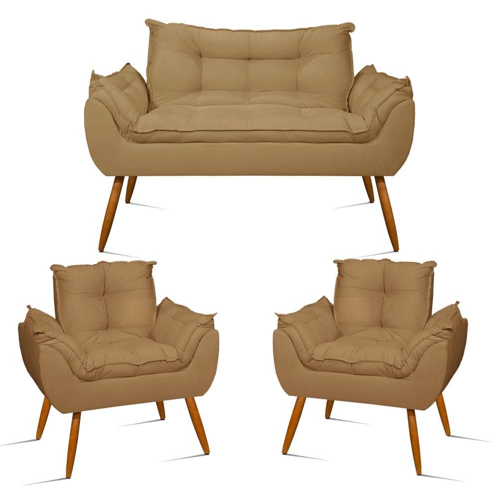Kit 2 Poltronas e 1 Namoradeira Opala Suede com Pés Palito