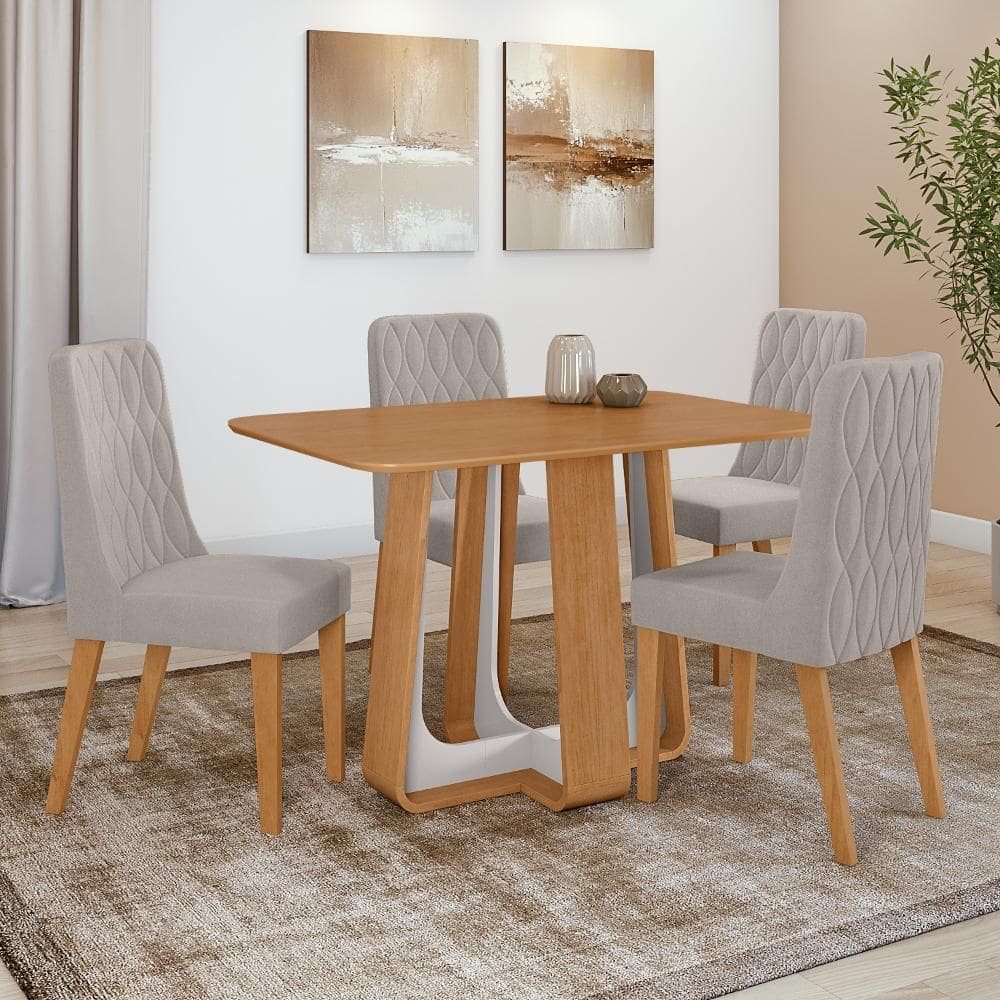 Conjunto Sala de Jantar Mesa Easy Pop 120x80cm Tampo MDF com 4 Cadeiras Seat Veludo Liso Capuccino Amendoa/off Wh