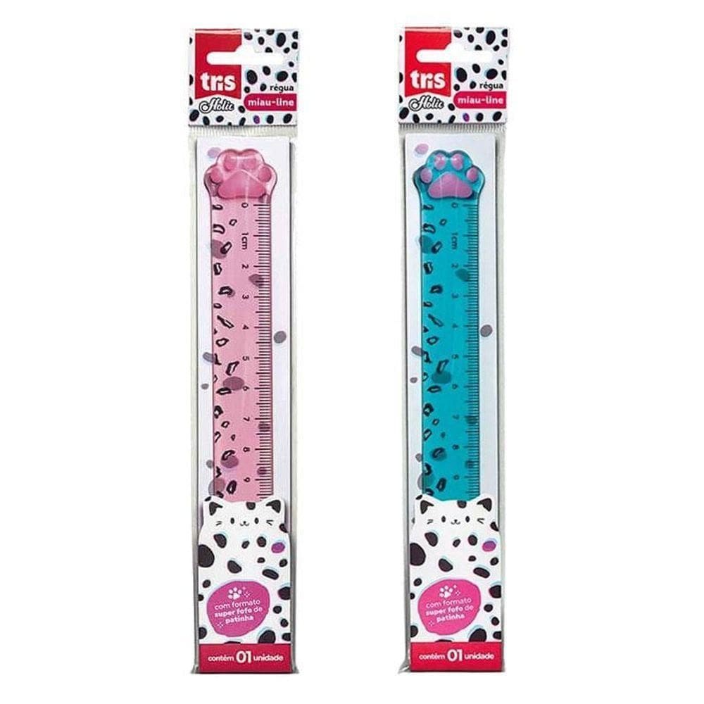 Régua Plástica Miau Line Holic Pets 15cm Rosa E Azul - Tris
