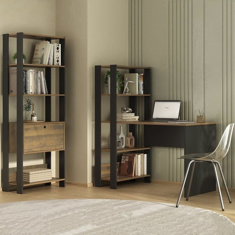 Conjunto Sala de Estar Escrivaninha e Estante Match com Porta Pinho/Preto