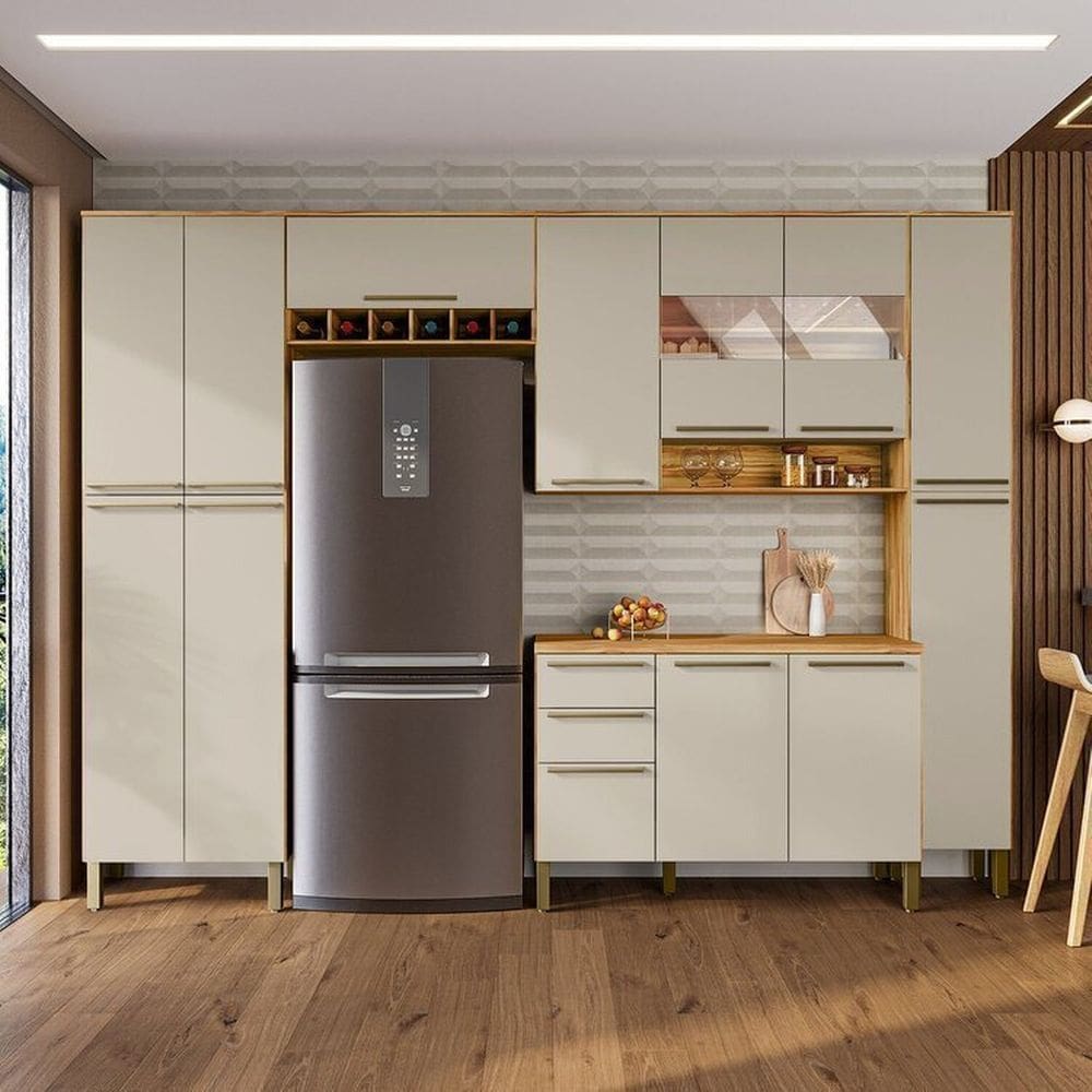 Cozinha Completa Modulada 5 Peças 13 Portas com Vidro e Tampo 100% Mdf Napoli Itália Espresso Móveis Amêndoa/Off White