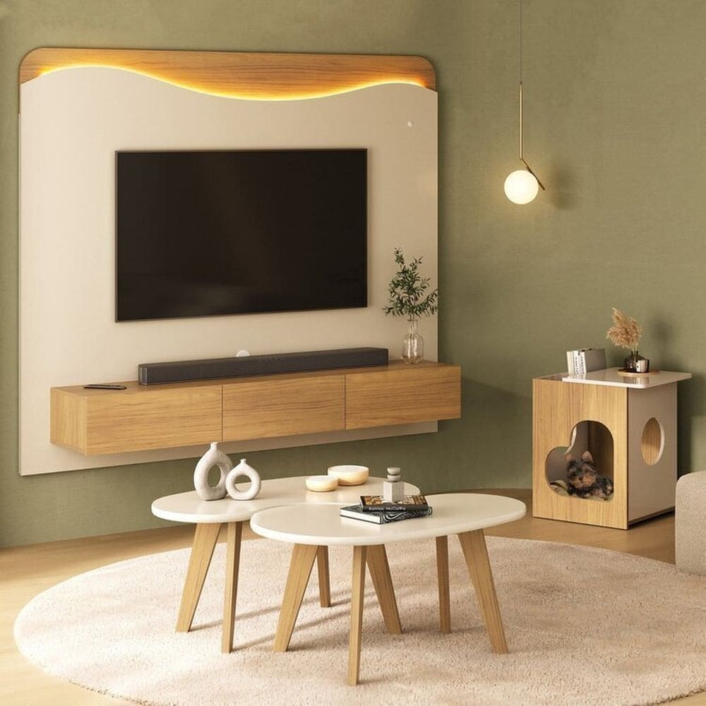 Conjunto Sala de Estar Mesa de Apoio Pet e Mesa de Centro Orgânica e Painel Lumiere Carvalho/Off White