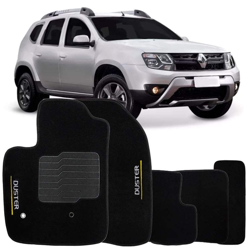 Tapete Carpete Duster 2016 à 2019 Preto Logo Bordado Jogo 5 Peças Personalizado Automotivo