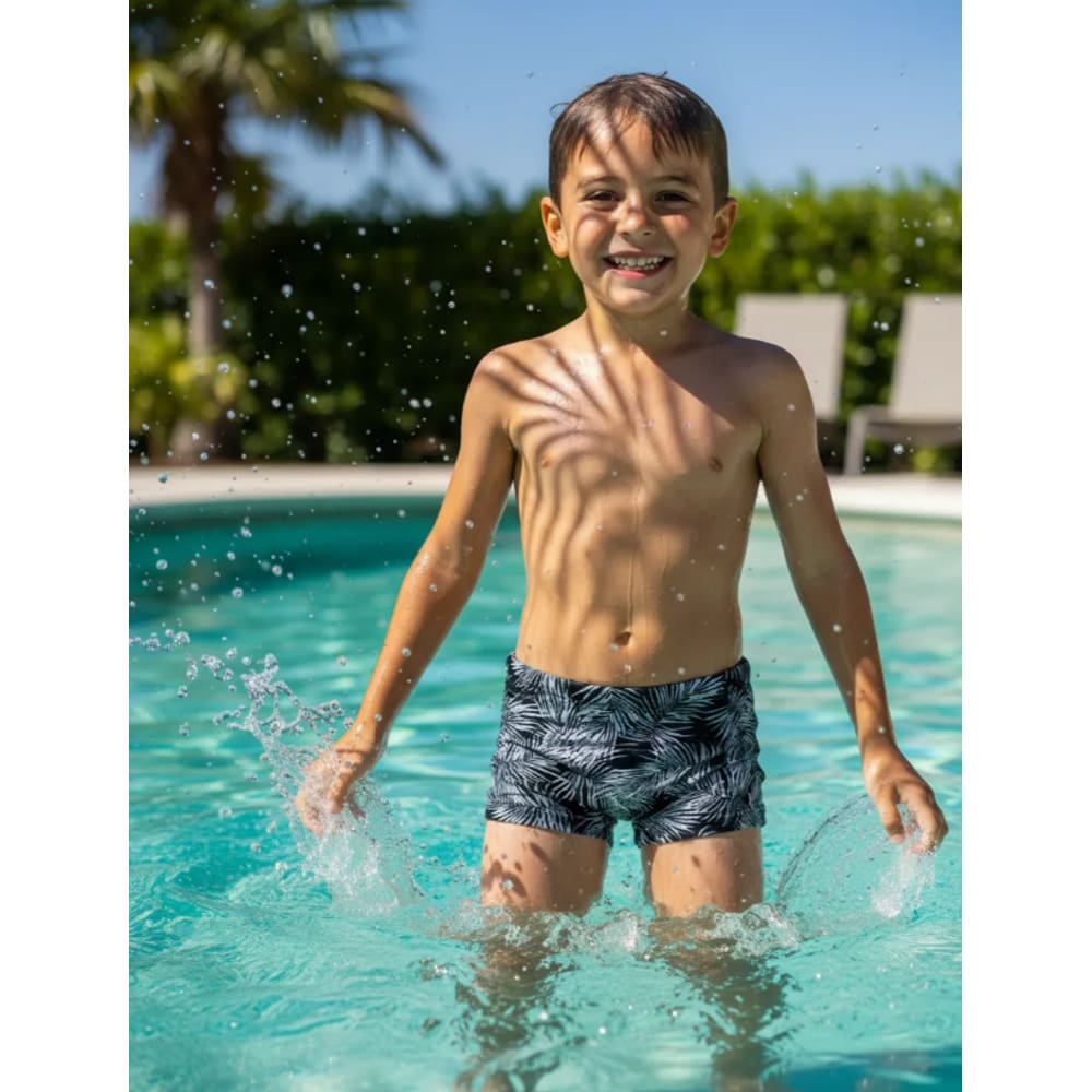 Sunga Boxer Preto Folhagem Infantil Proteção UV Ilha Meninos