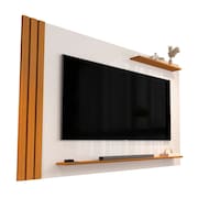 Painel Para TV Até 65 Polegadas Detalhe Ripado Com Prateleiras Aden Off White/Madeirado