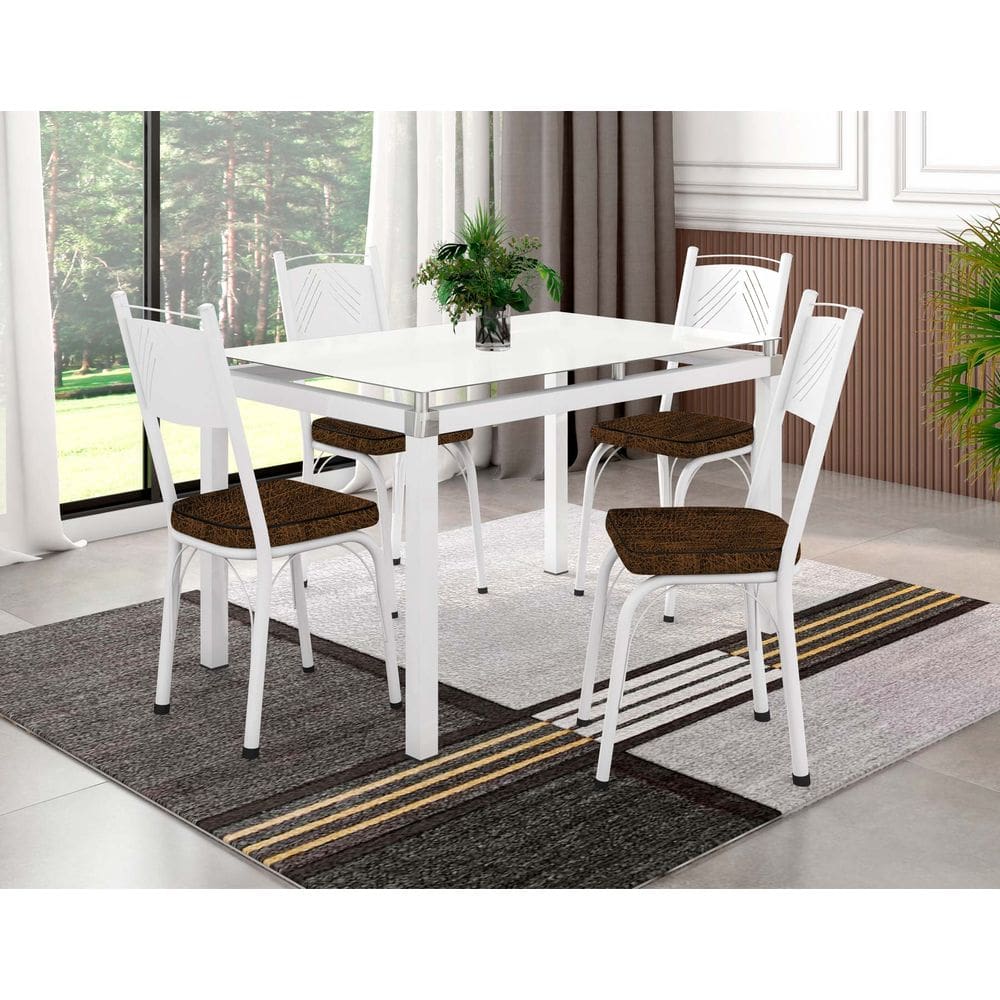 Conjunto Mesa de Jantar Tubular Malva Tampo de Vidro 1,07m com 4 Cadeiras 151 Branco/Imbuia - Combo Stock