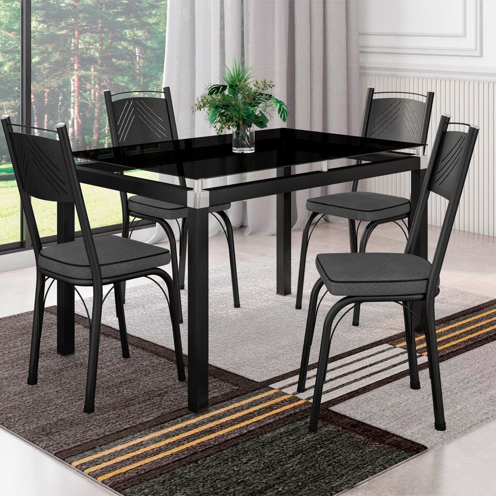 Conjunto Sala de Jantar Mesa com 4 Cadeiras 151 Malva Tampo de Vidro 107cm A01 Preto/Assento Andorinha - Combo Stock