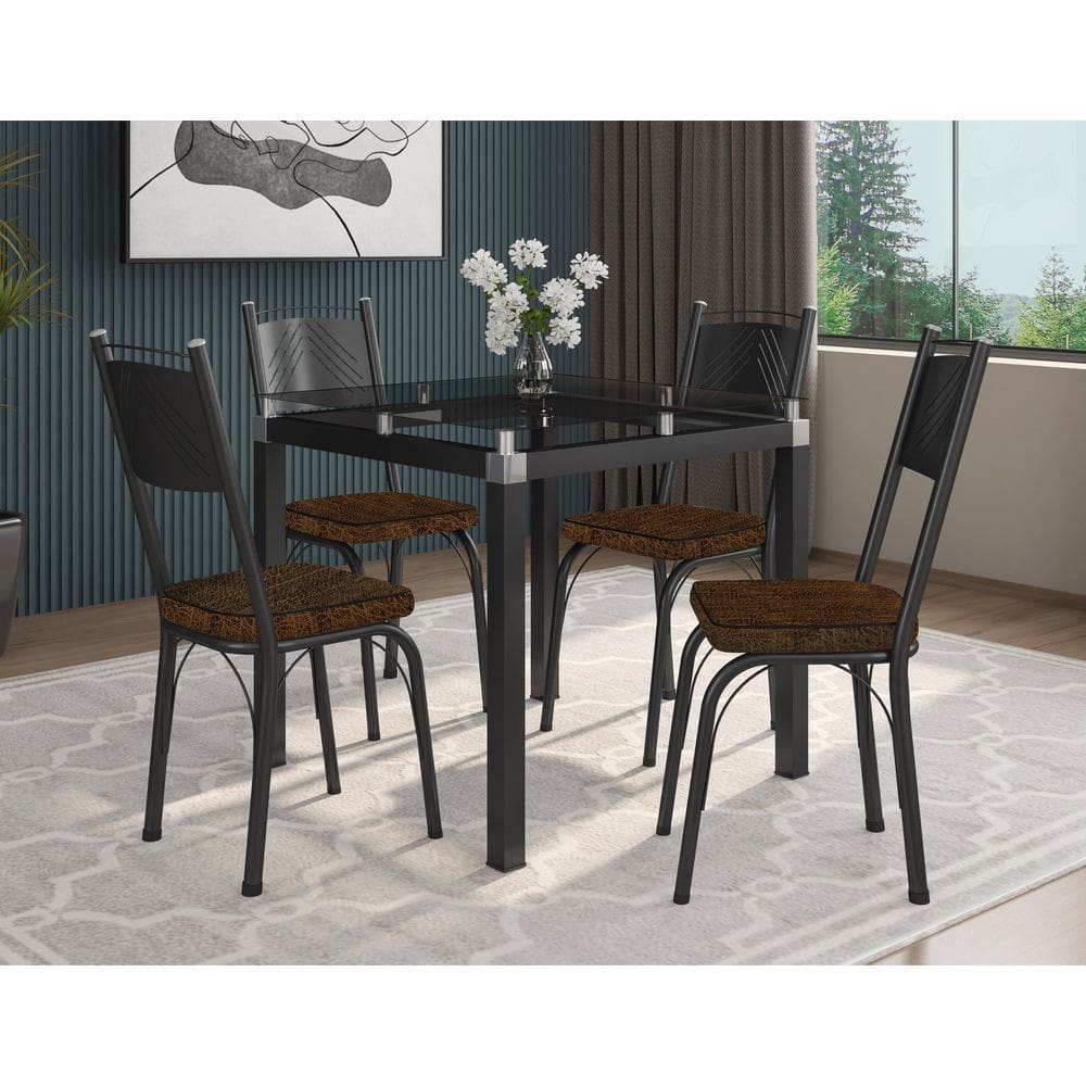 Conjunto Mesa de Jantar Tubular Malva Tampo de Vidro Quadrado 75cm com 4 Cadeiras 151 SF Preto/Imbuia - Combo Stock