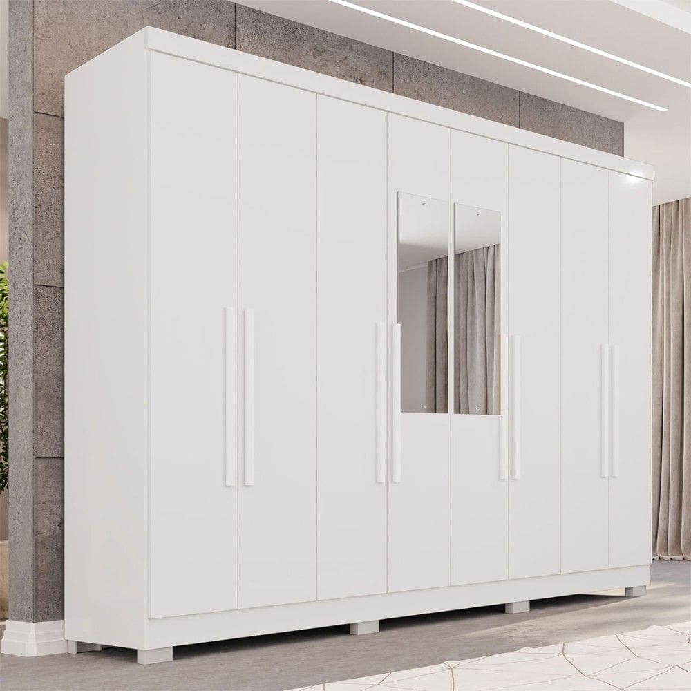 Guarda-Roupa Casal Pinheiro 8 Portas 4 Gavetas com Pés e Espelho Branco - Pnr Móveis