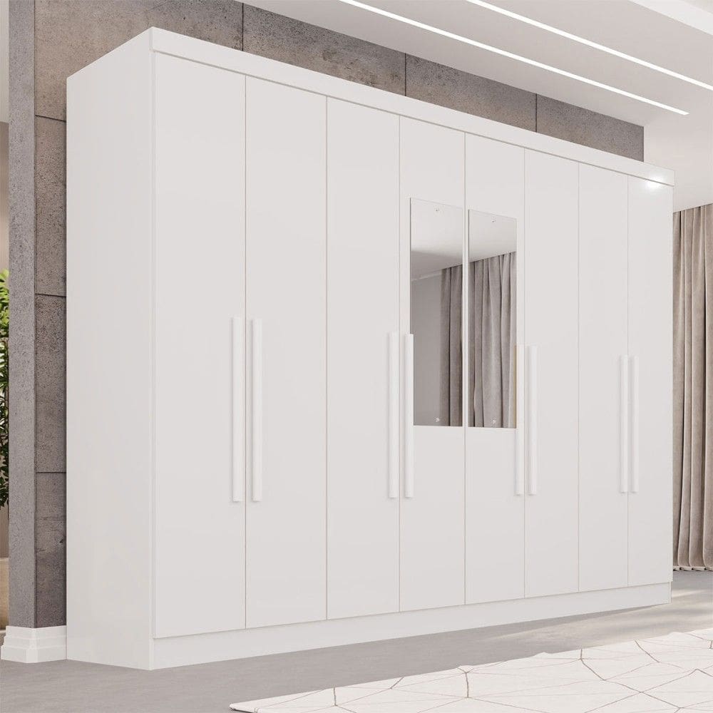Guarda-Roupa Casal Pinheiro 8 Portas 4 Gavetas com Espelho Branco - Pnr Móveis
