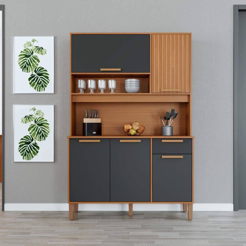 Armário De Cozinha Compacta Fidelitá Grécia 120cm 5 Portas 1 Gaveta Com Tampo e Fundo Freijó/Preto