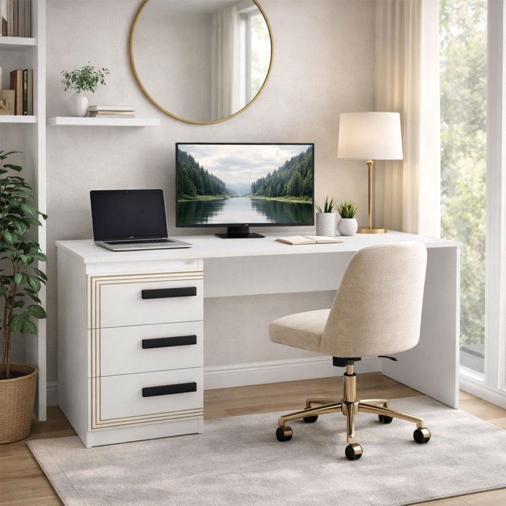 Mesa para Escritório Valência 3 Gavetas Branco - Politorno