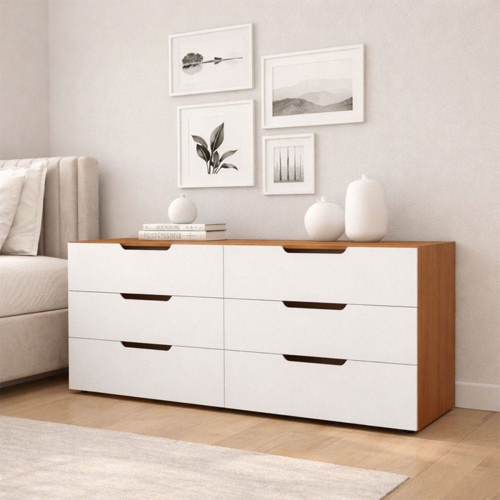 Cômoda Madri 6 Gavetas Branco/Freijó - Politorno