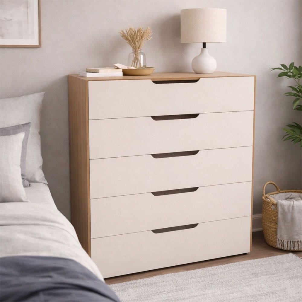 Cômoda Madri 5 Gavetas Creme/Freijó - Politorno