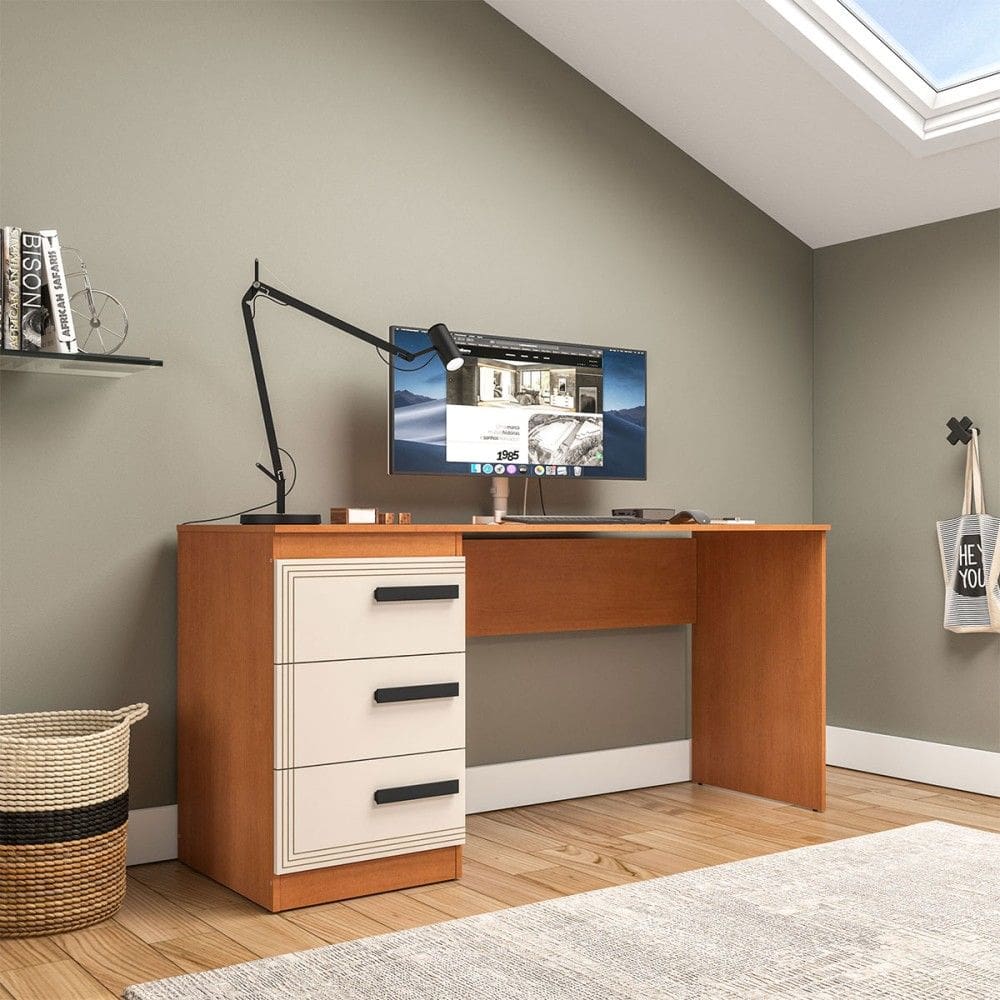 Mesa para Escritório Valência 3 Gavetas Creme/Freijó - Politorno