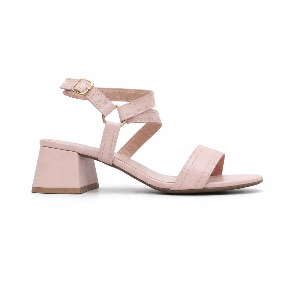 Sandália Feminina Salto Médio Bloco Nude Rosé Couro Confortável