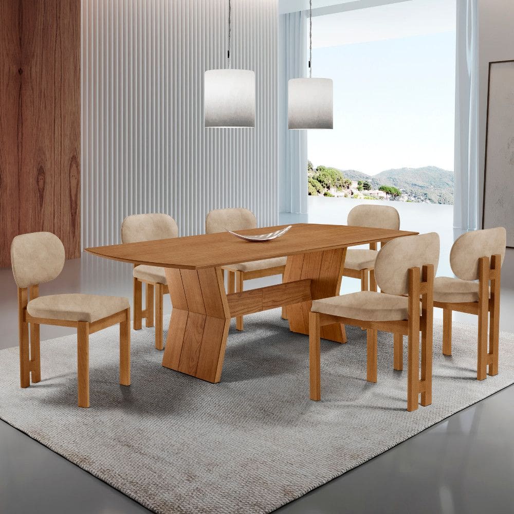Sala de Jantar Mesa Portugal 180cm Tampo Laminado Barril e 6 Cadeiras Nala Moderna Mobilia
