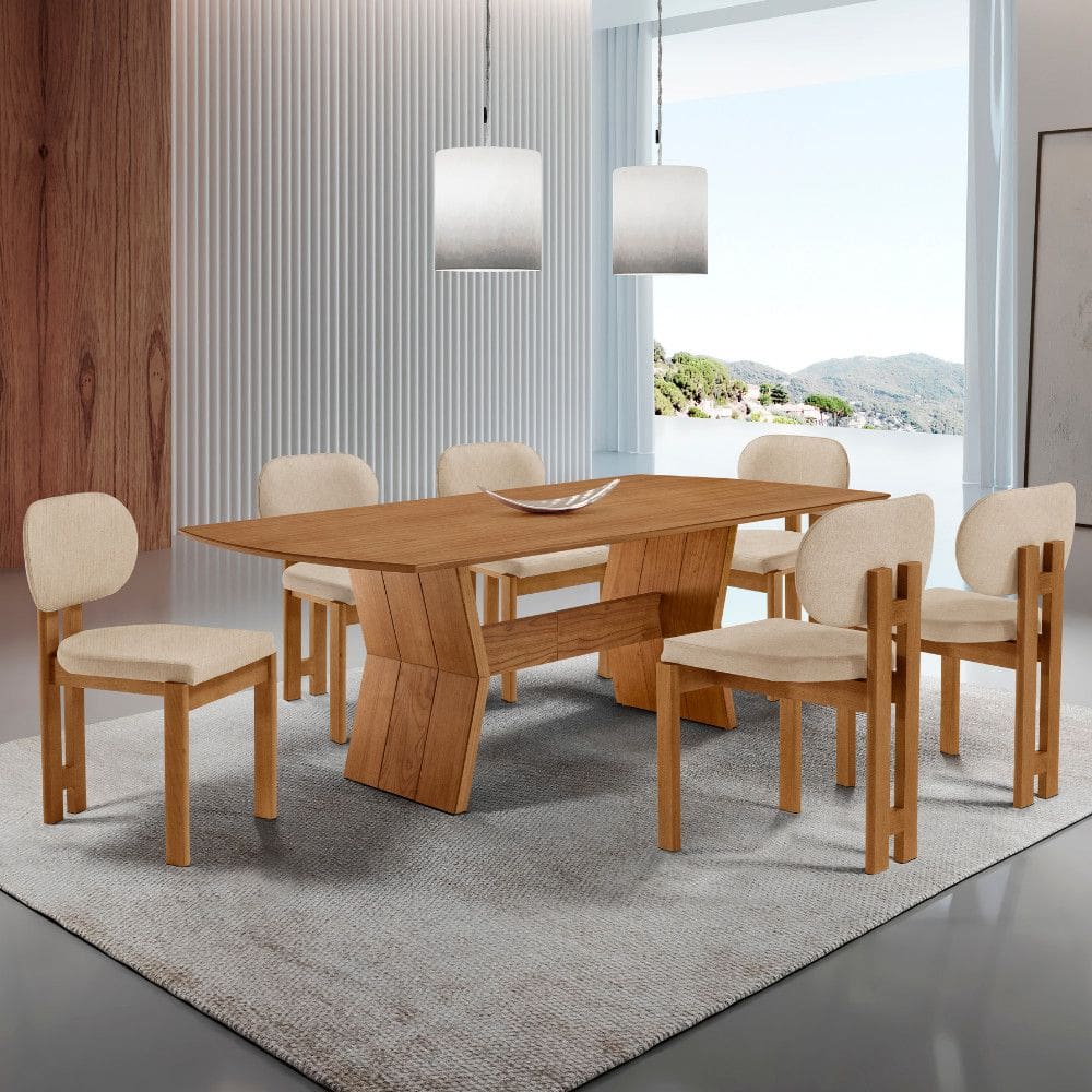 Sala de Jantar Mesa Portugal 180cm Tampo Laminado Barril e 6 Cadeiras Nala Moderna Mobilia