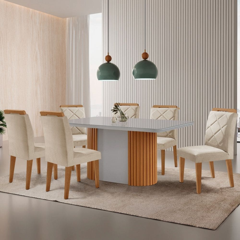 Mesa de Jantar Aspen 180cm Tampo MDF Vidro Canto Copo e 6 Cadeiras Melissa Moderna Mobilia