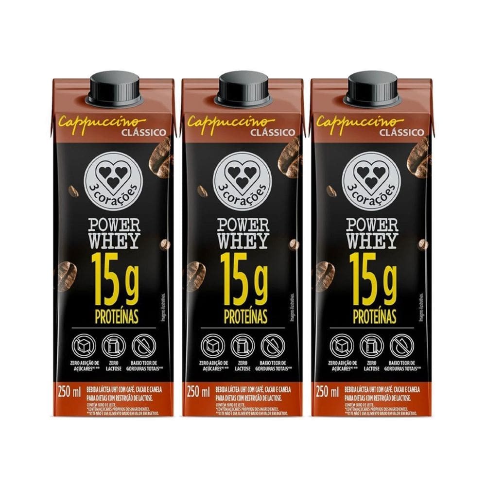 Kit 3 Cappuccino 15G Proteina Power Classico 250Ml 3Corações