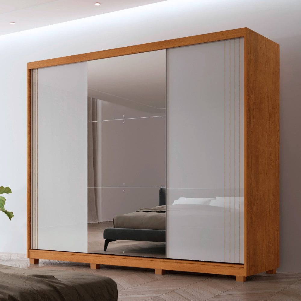 Guarda Roupa Casal Connor MDF 3 Portas 6 Cabideiros com Espelho e Pes Moderna Mobilia