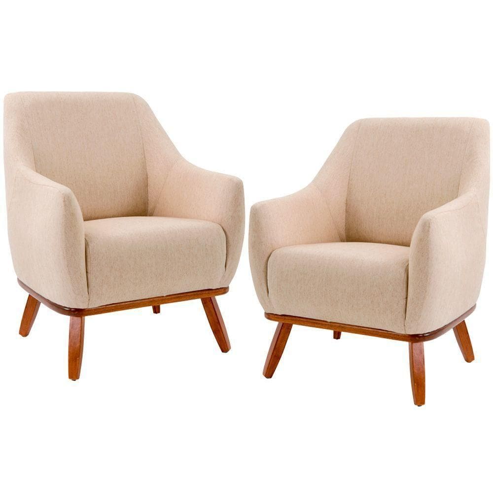 02 Poltronas Decorativas Sala de Estar Base de Madeira Bege