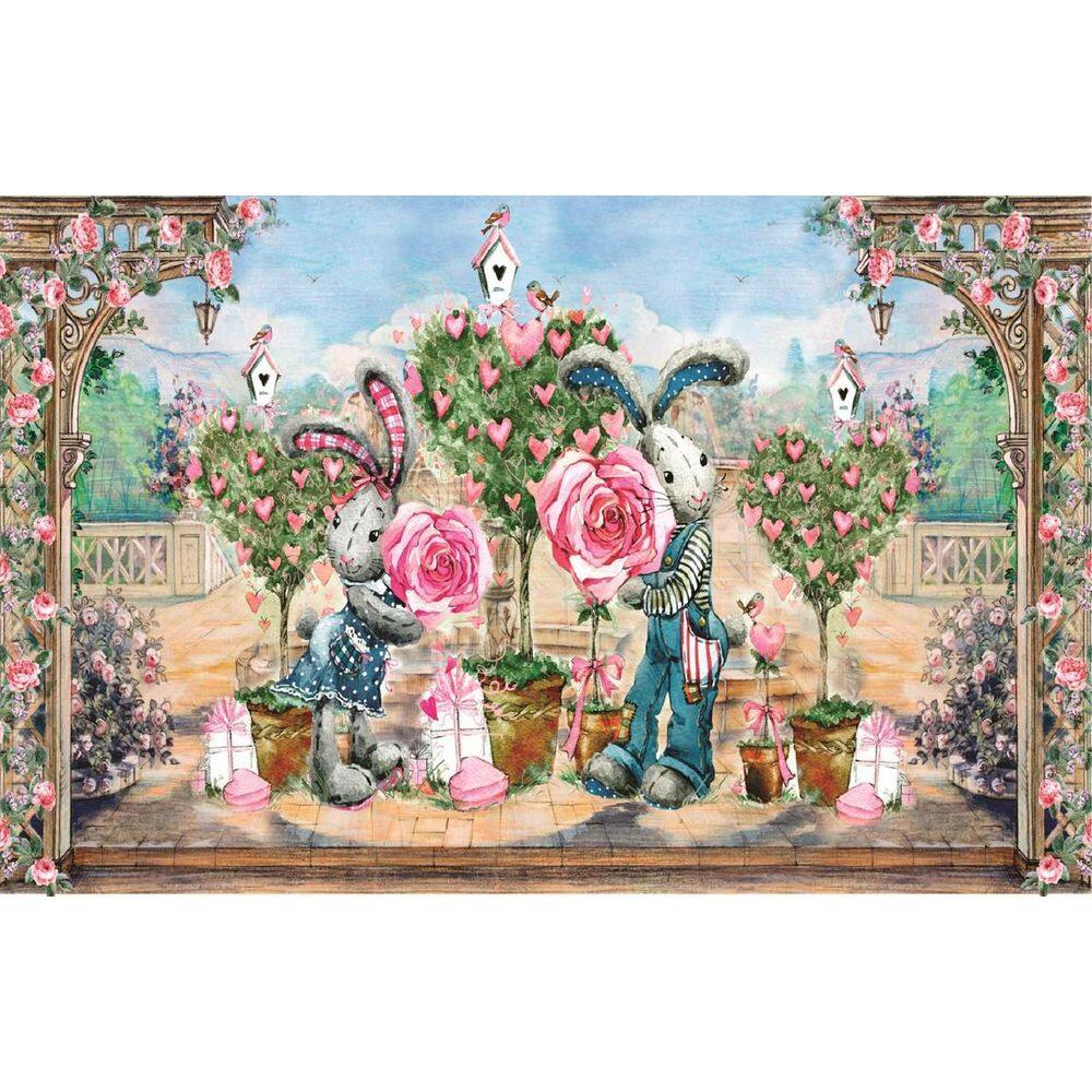 Fundo Fotográfico Em Tecido Coelhos Flores 2,20X1,50