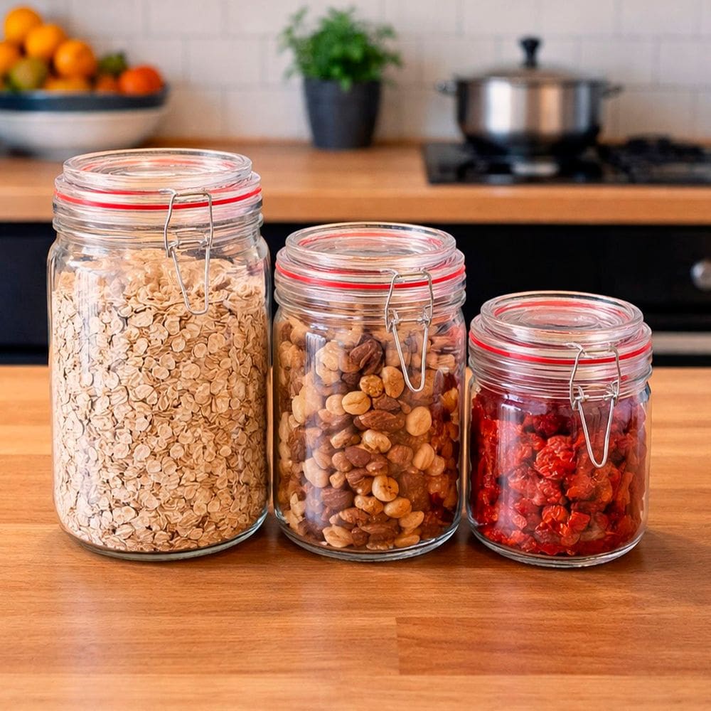 Potes Hermético Mantimentos De Vidro 1L 750ml 300ml Kit 9pçs