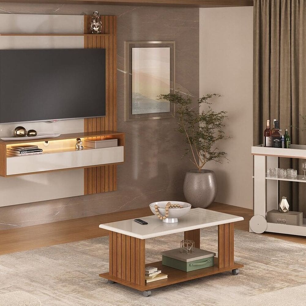 Conjunto Sala de Estar Mesa de Centro Mila e Carrinho Bar Rosé e Painel Matisse Cinamomo/Off White