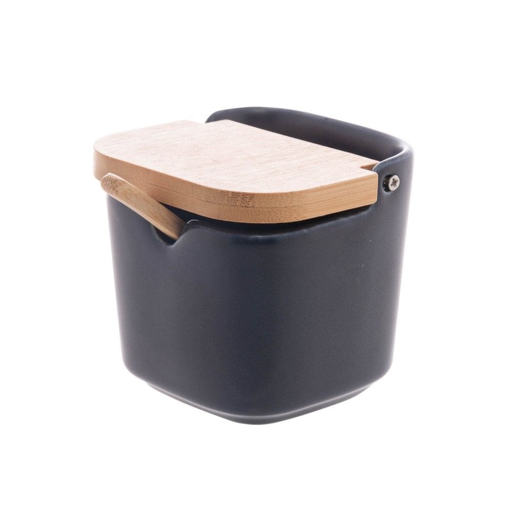 Saleiro de Mesa de Cerâmica com Tampa de Bambu Preto 9 x 9 x 8,5cm Wolff