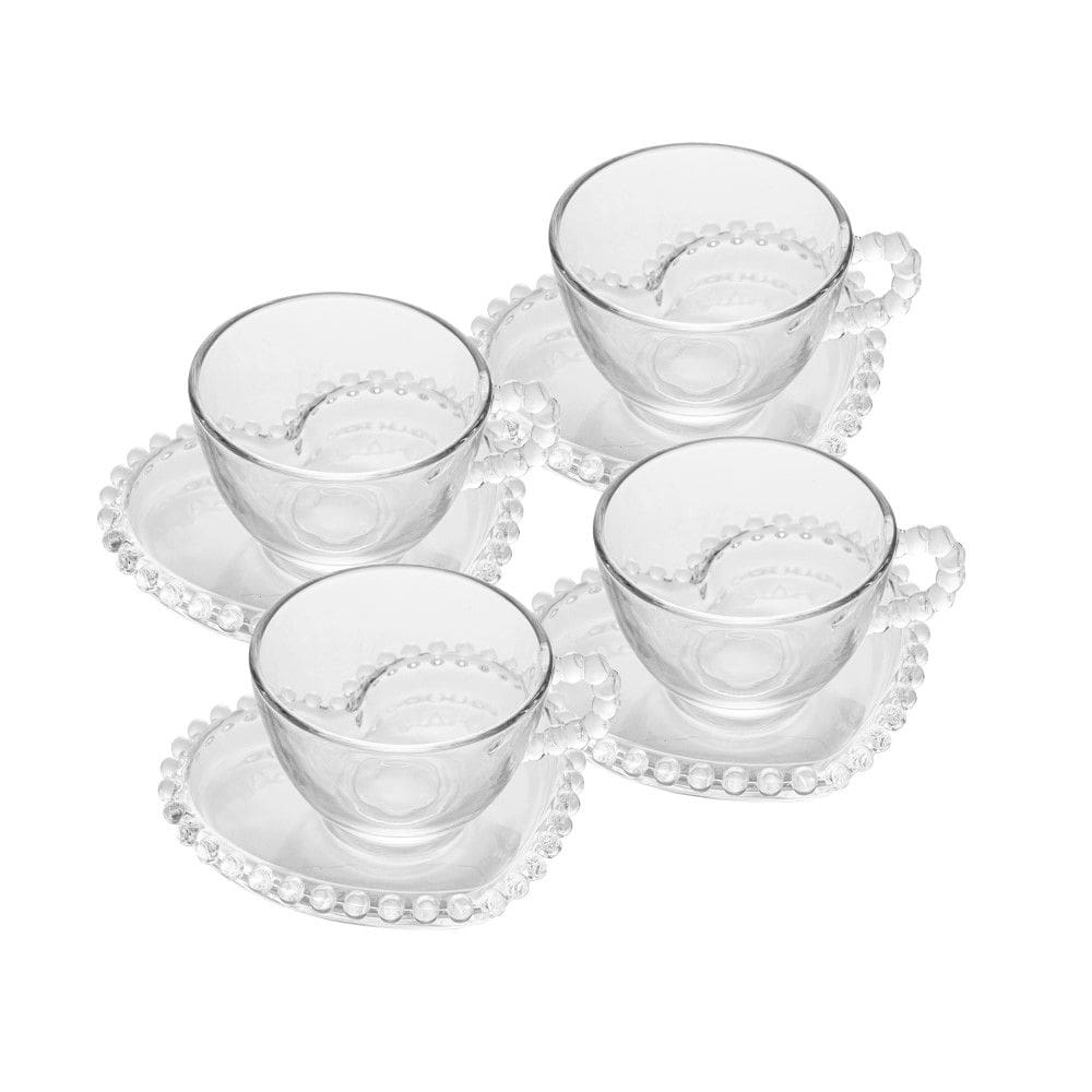 Conjunto 04 Xícaras de Chá de Cristal 180ml com Pires Coração Pearl Wolff