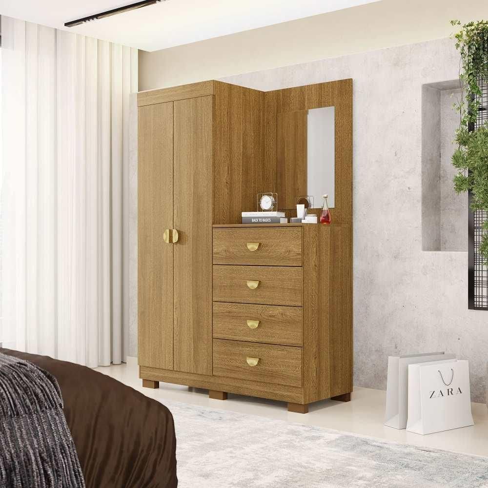 Cômoda Roupeiro Com Espelho 2 Portas 4 Gavetas Cristal - Nature - Vila Rica