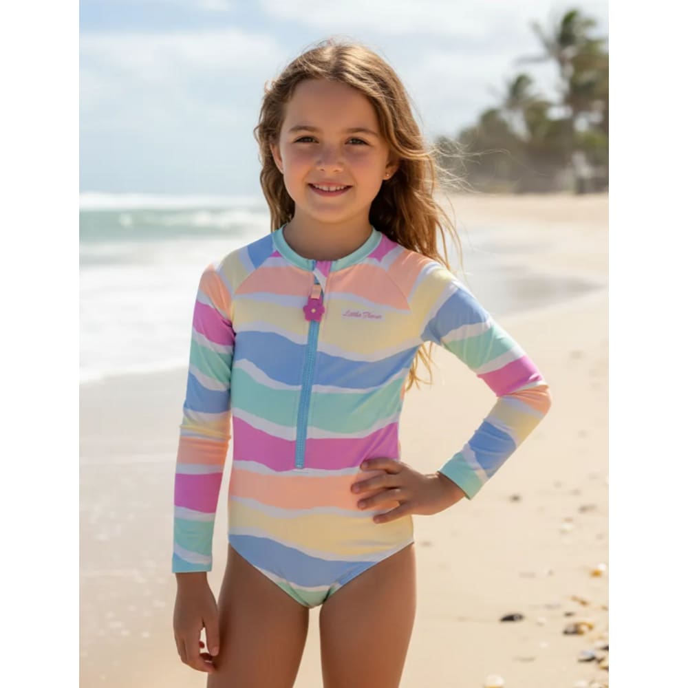 Maiô Infantil Manga Longa Listrado Floral com Zíper