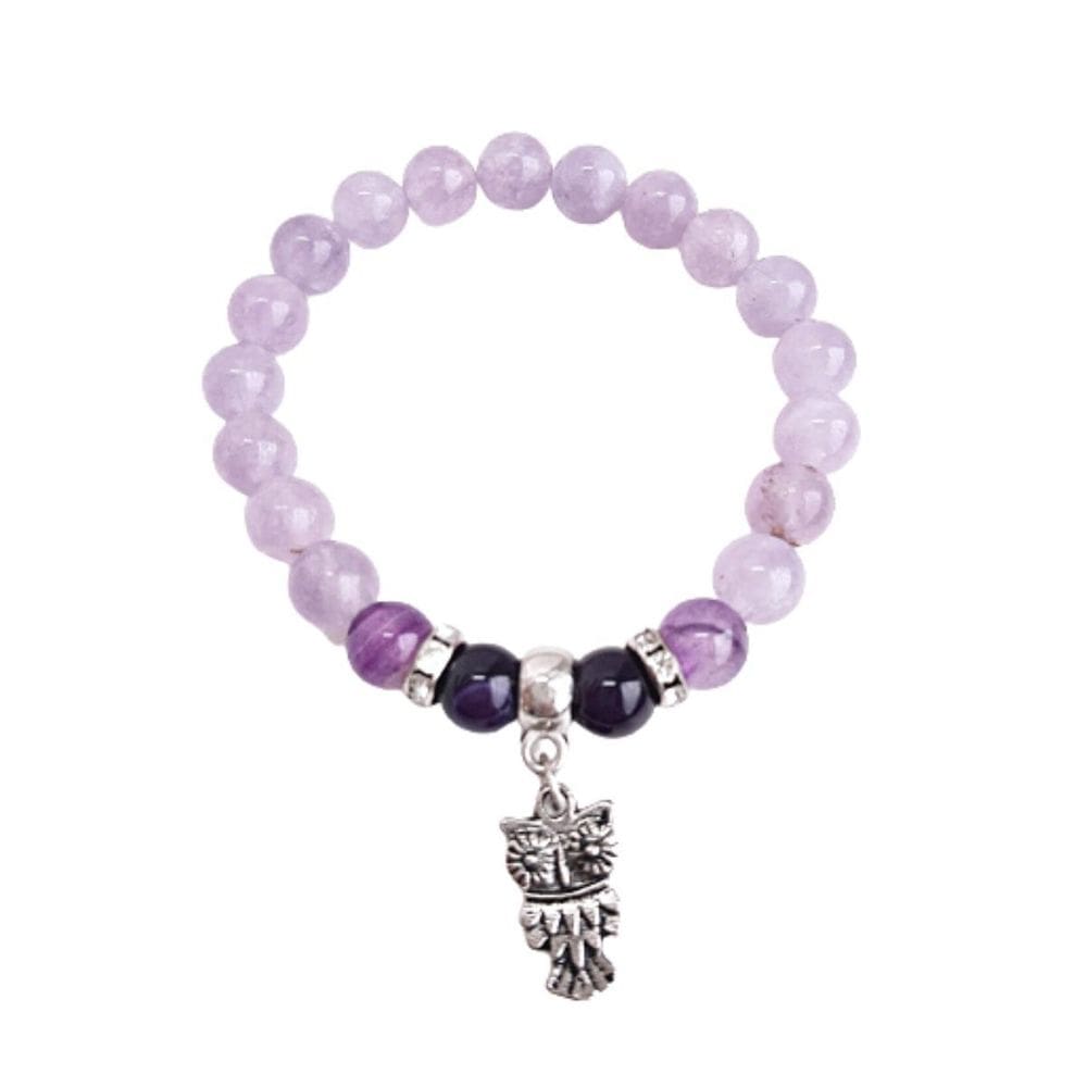 Pulseira Silicone Elástico Pedra Jade Lilás Pingente Coruja