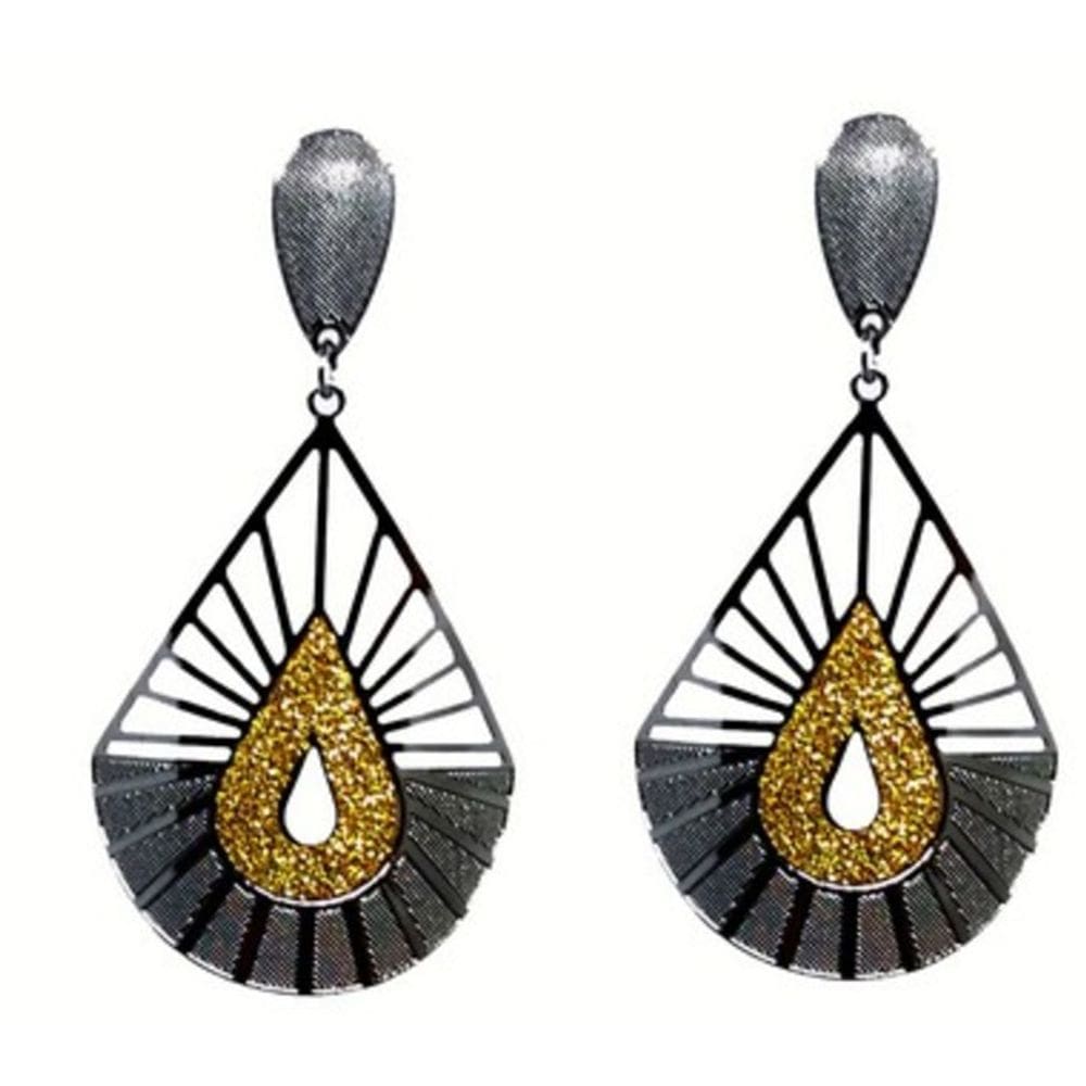 Brinco Glamour Gota Folheado Ródio Negro com Brilho Dourado